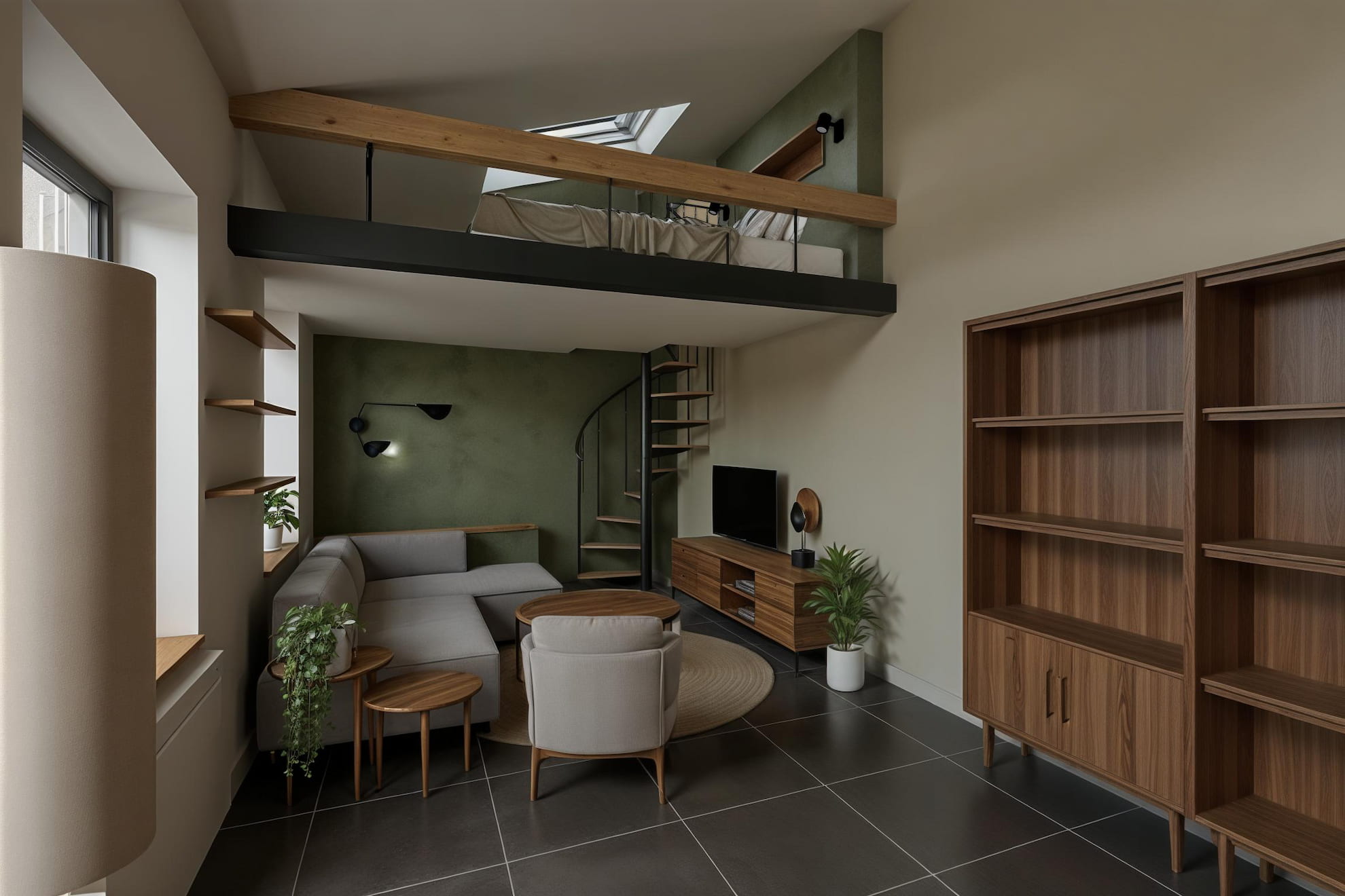 salon sous création d'une mezzanine, chambre sur mezzanine, enduit à la chaux vert, mobilier bois, Strasbourg