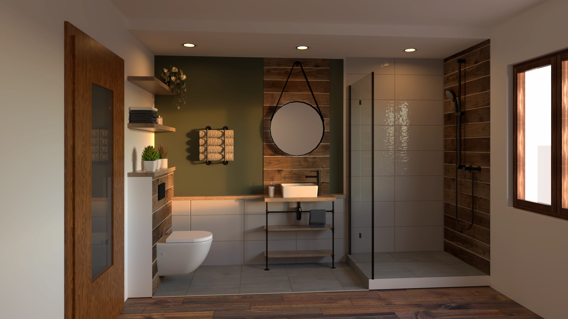 Rendu 3D porte coulissante verrière vers salle de bain, Alsace