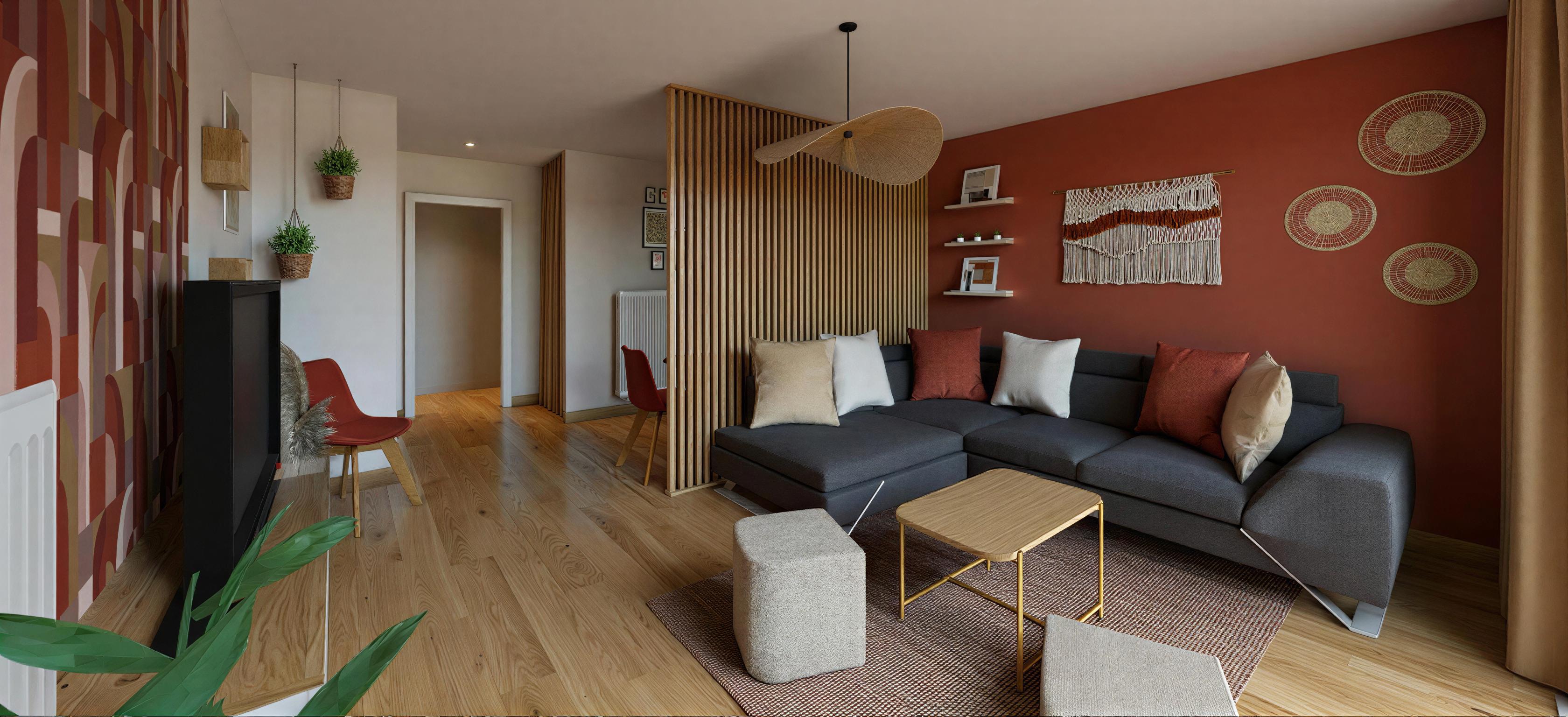 Salon chaleureux, claustra bois, tapis et table basse légères, Strasbourg, Alsace